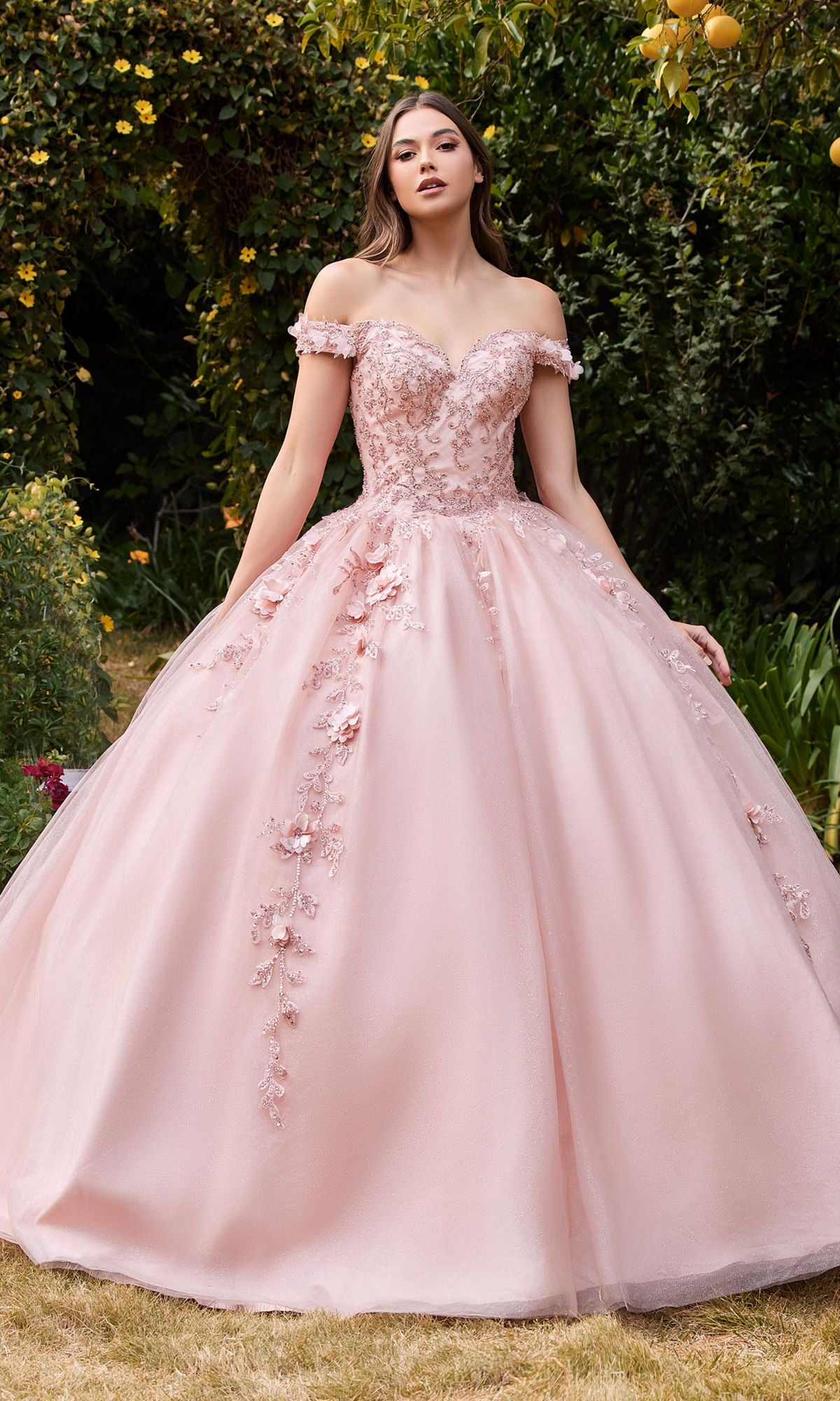 Outdoors, a woman wears the Off-Shoulder Long Sweetheart Prom Ball Gown CD0185 in blush pink, featuring floral-lace appliques and a full tulle skirt.